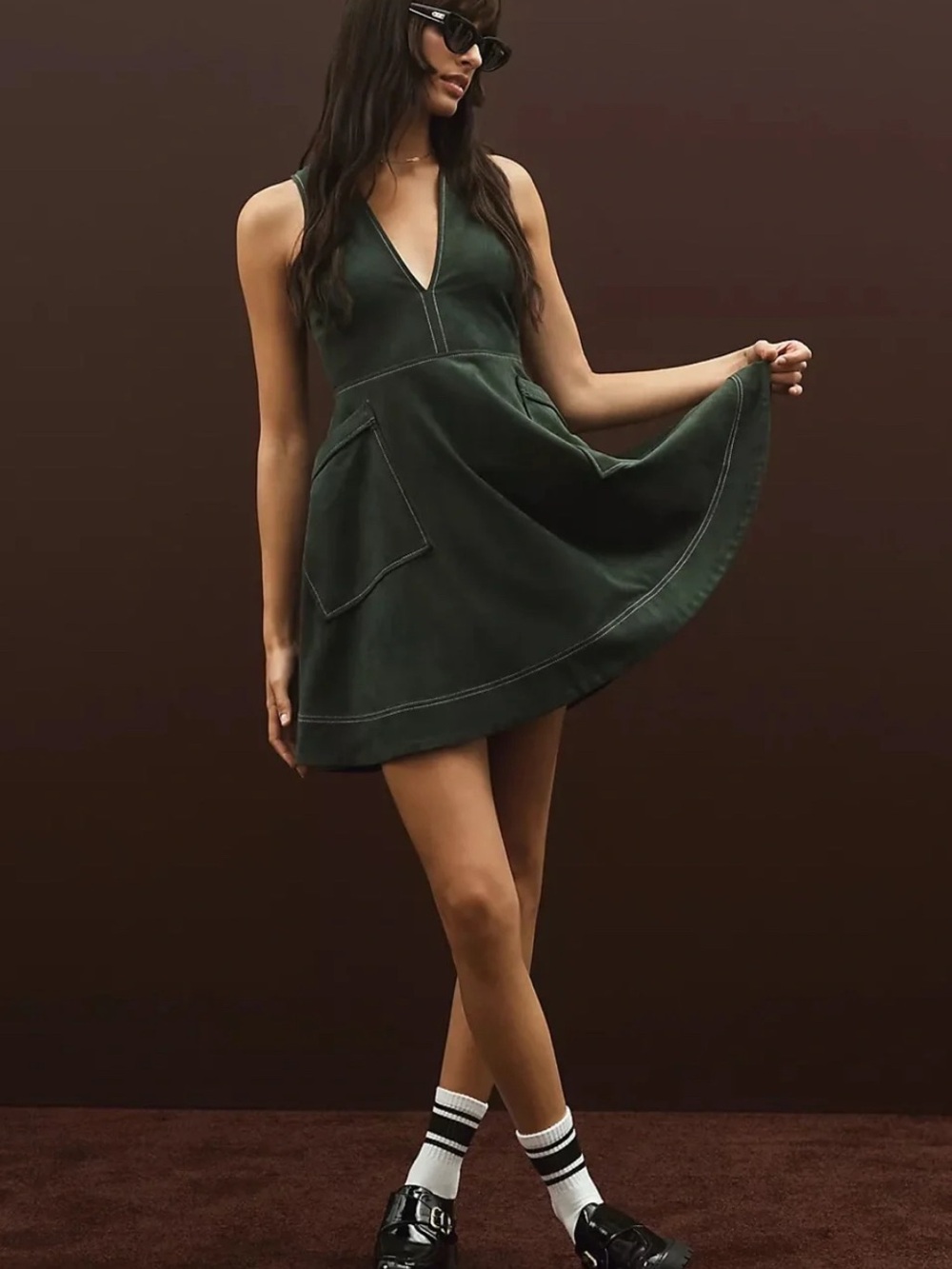 Maeve Deep Forest V-Neck Pocket Skater Dress